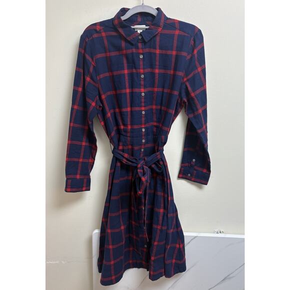 J Crew Plaid Shirt Dress Navy Red Belted Button Front Cotton Size 8 - Picture 1 of 8